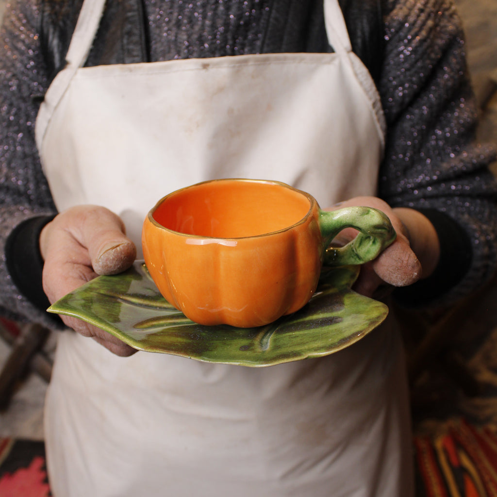 Pumpkin Ceramic Cup and Leaf Saucer - Artolia Studio