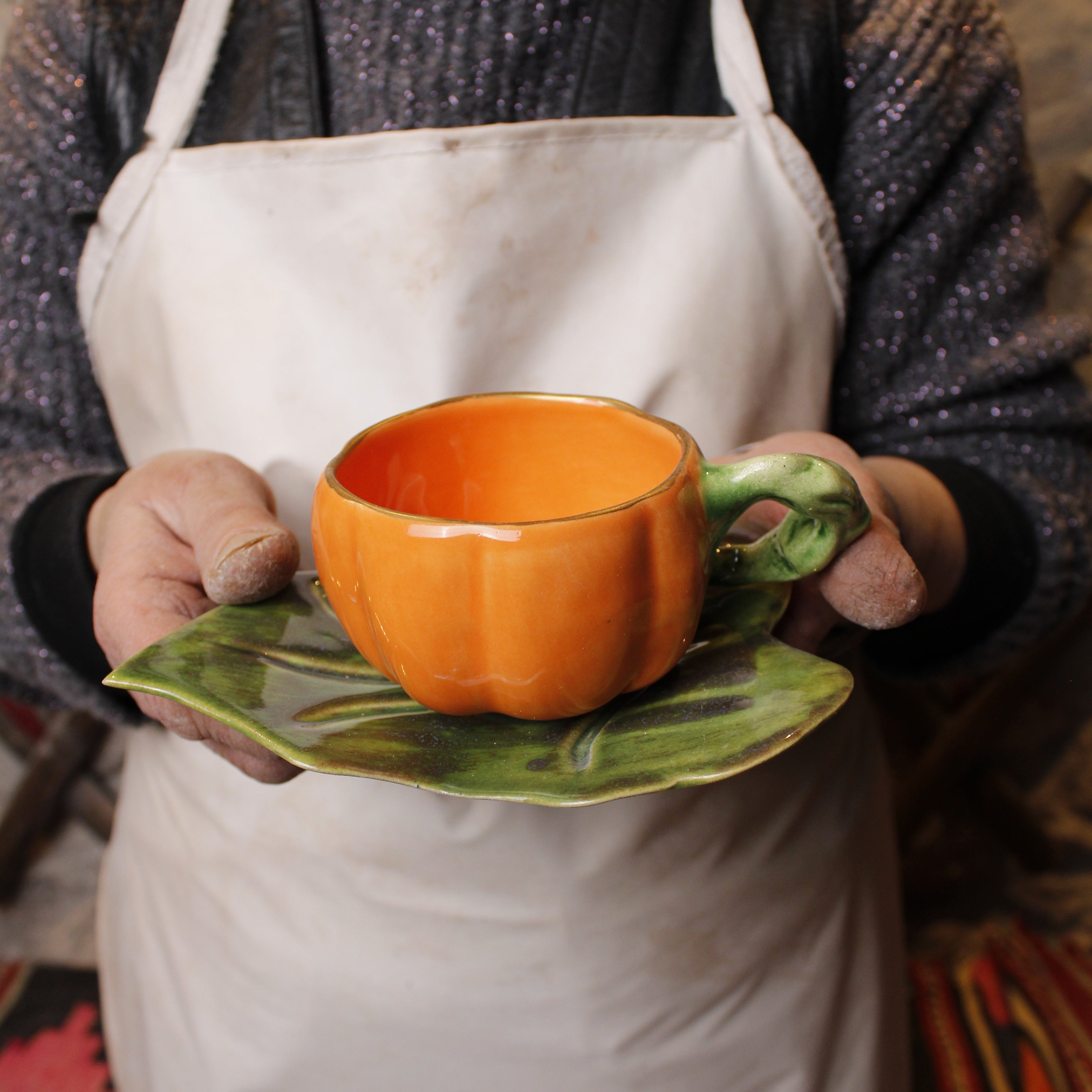 Pumpkin Ceramic Cup and Leaf Saucer - Artolia Studio