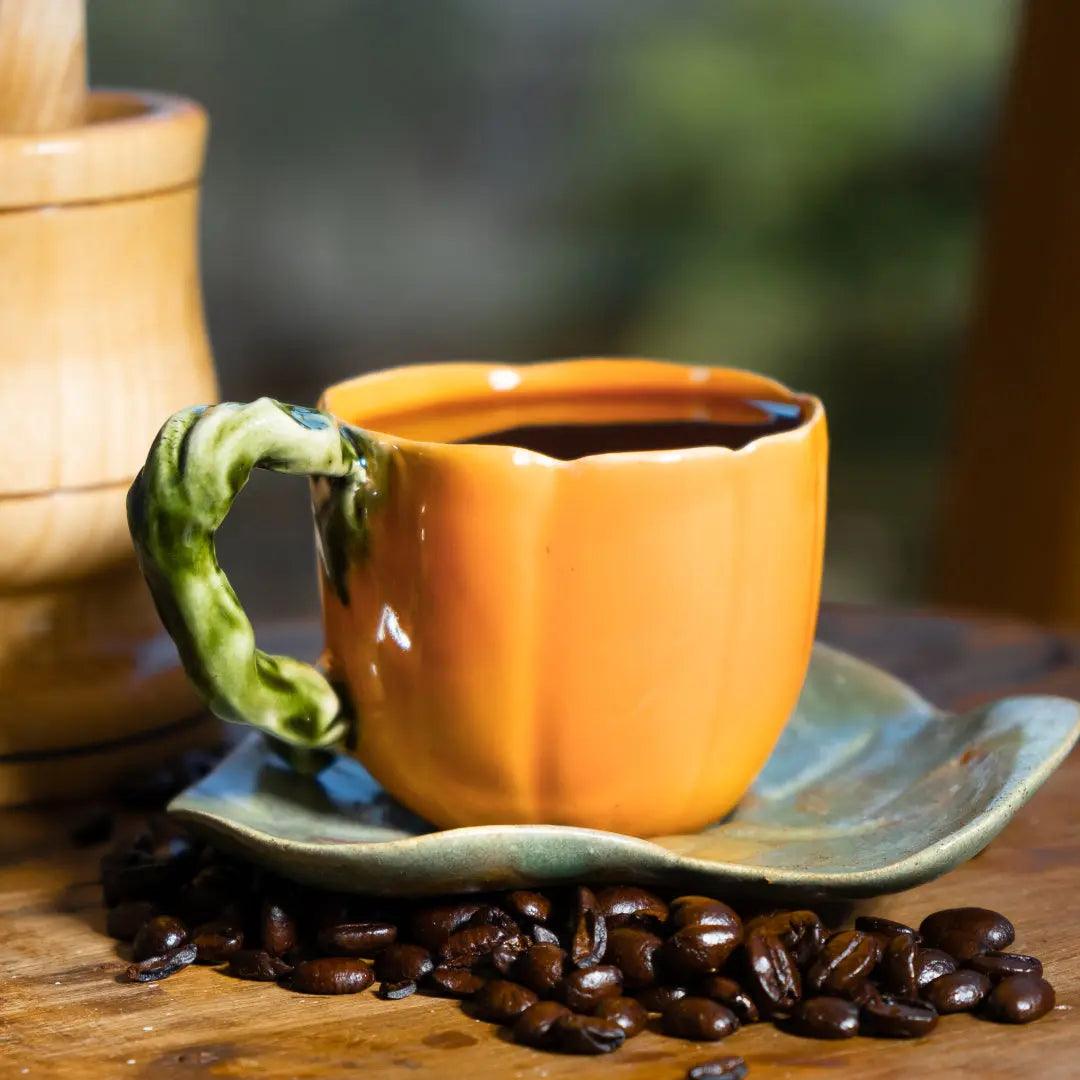 Pumpkin Ceramic Cup and Leaf Saucer - Artolia Studio