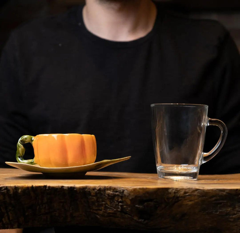 Pumpkin Ceramic Cup and Leaf Saucer - Artolia Studio