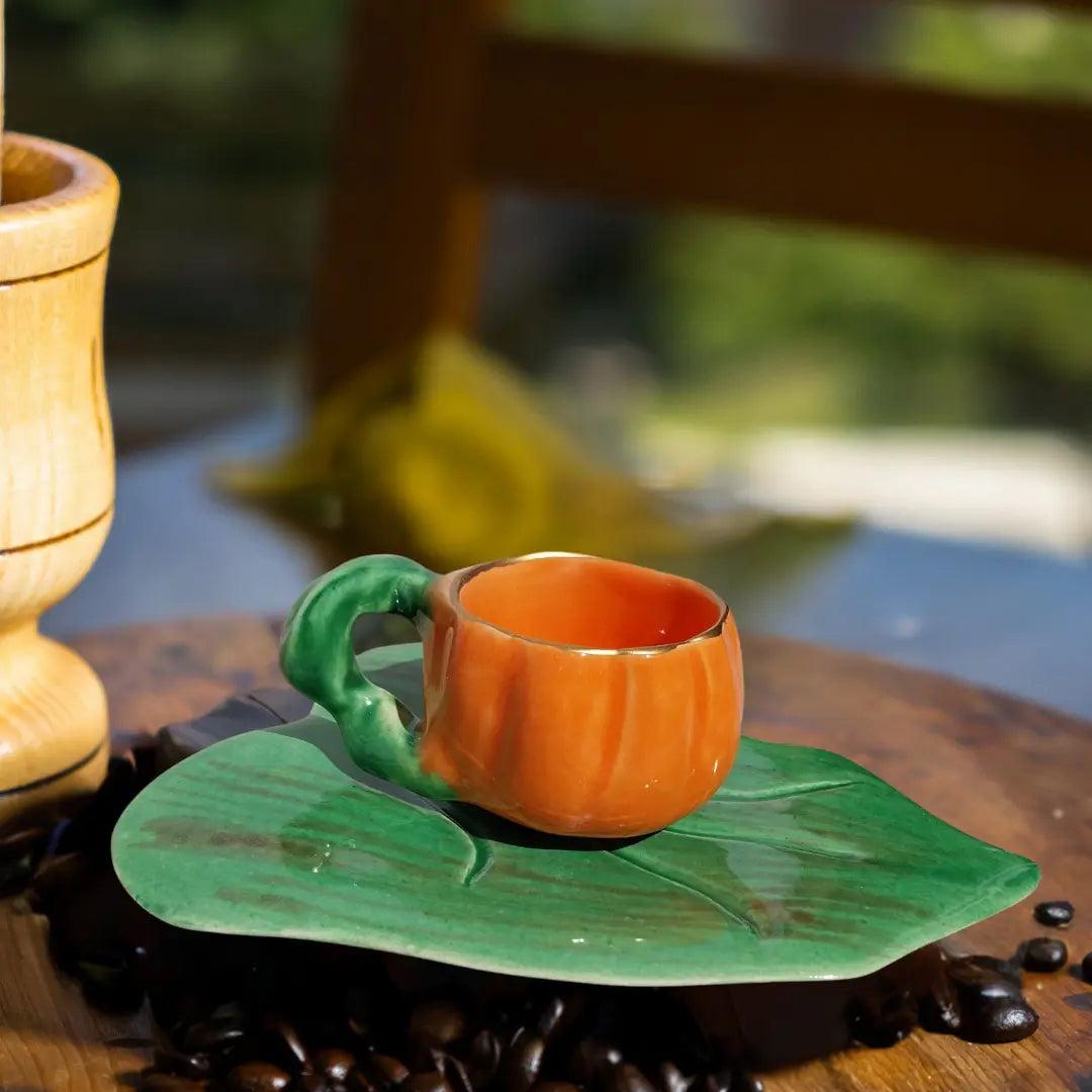 Pumpkin Ceramic Cup and Leaf Saucer - Artolia Studio